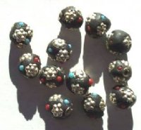 12 9mm Round Black Clay Ladaki with Flower Beads